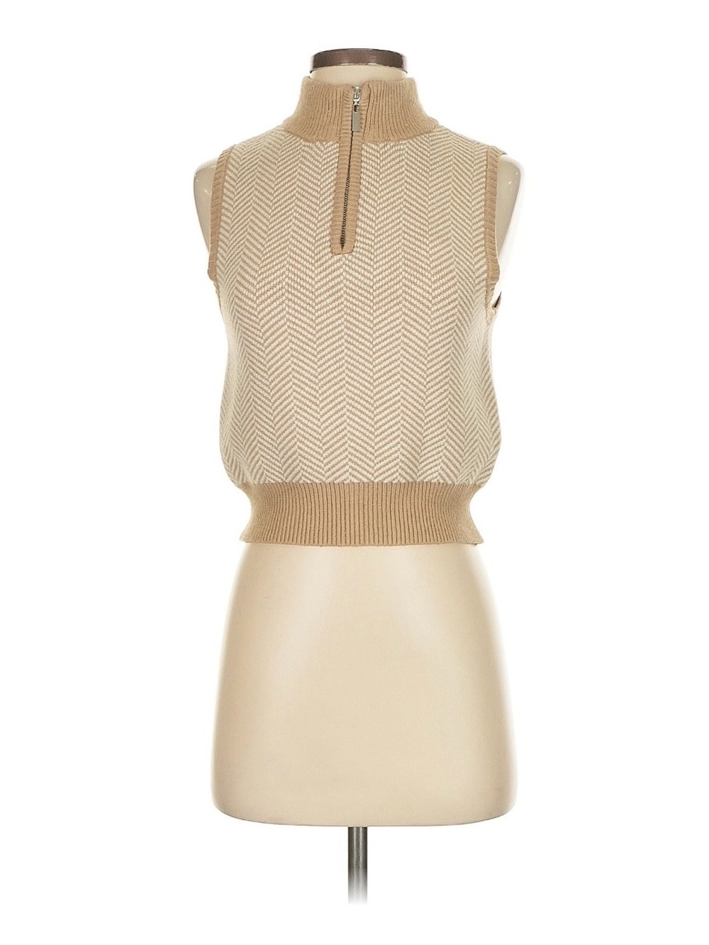 Sincerely Jules Taupe & Cream Herringbone Zip Mock Neck Vest